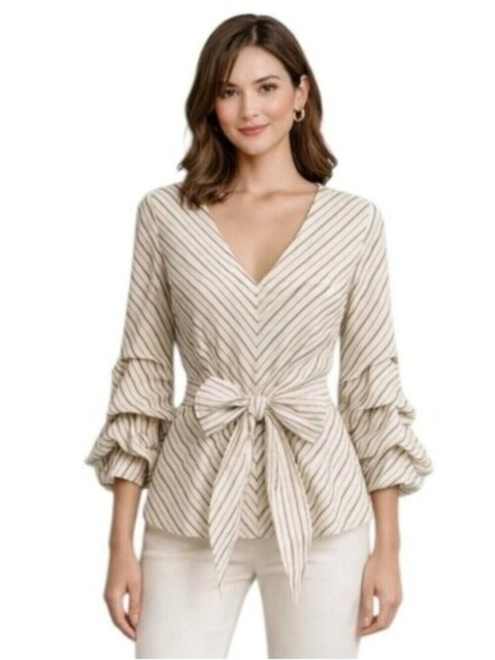 White House Black Market Stripe Wrap Blouse Size 6 Ruffle Sleeve Tie Front Top